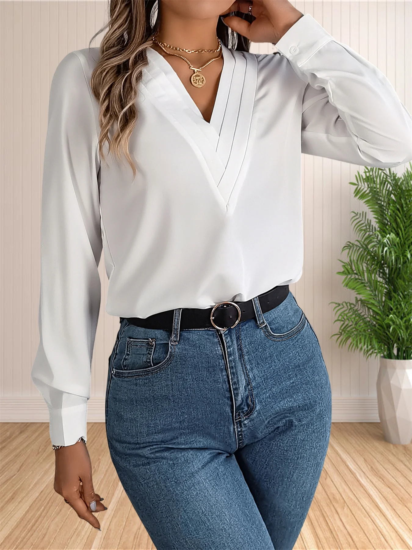 Blusas Femininas Tendencia 2024 Women Elegant Business Office Blouse Layered V Neck Long Sleeve 2024 Dressy Shirts Work Tops