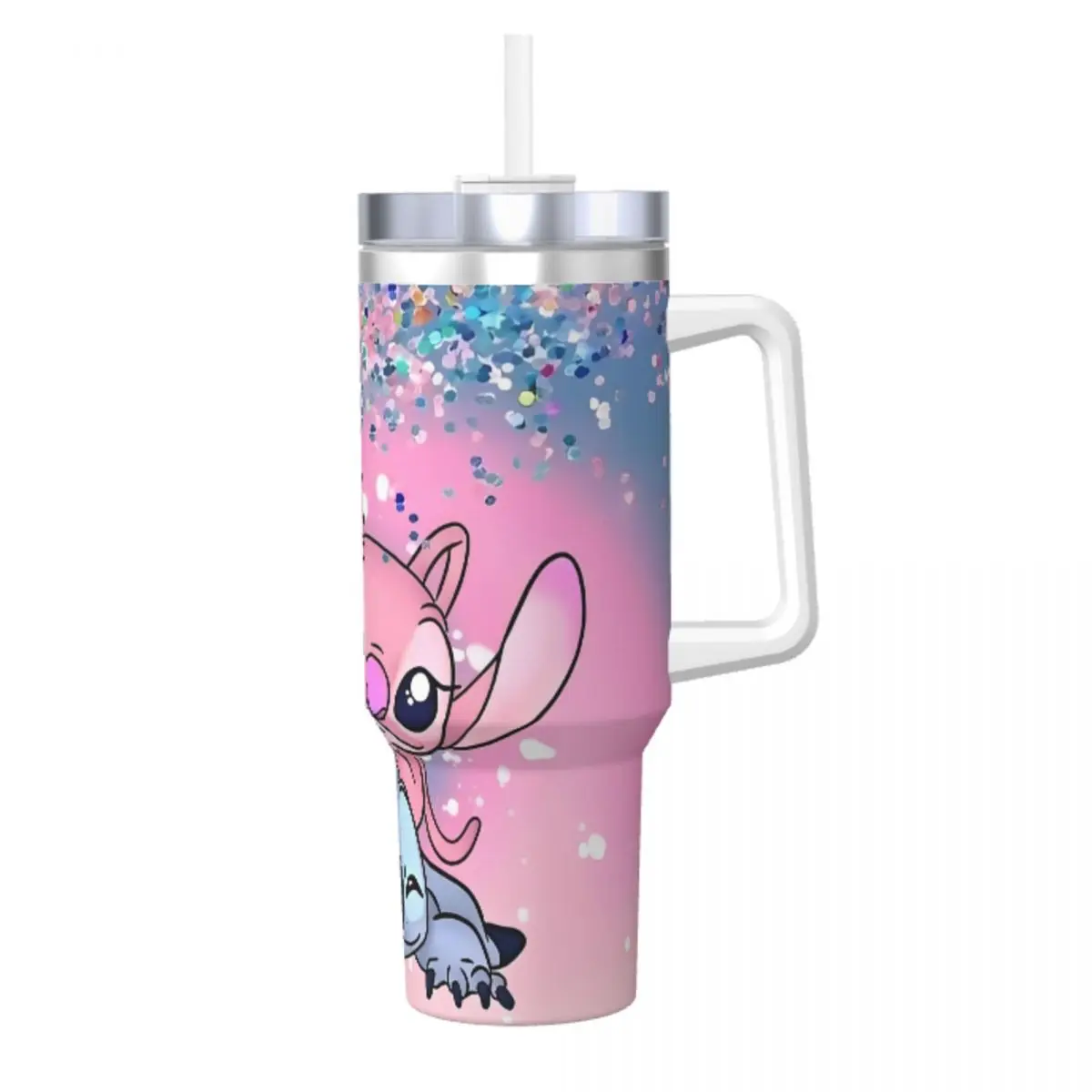 Vaso de acero inoxidable Stitch Angel Miniso, tazas térmicas de viaje con pajitas y tapa, tazas para coche de 40oz, botella de agua para bebidas calientes