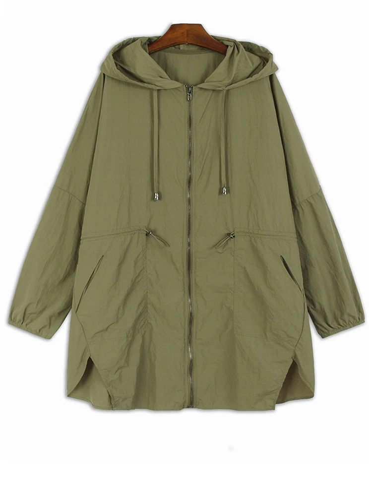 [EAM] Green Thin Drawstring Big Size Long Casual Jacket New Hooded Long Sleeve Women Coat Fashion Spring Autumn 2024 1DH7175