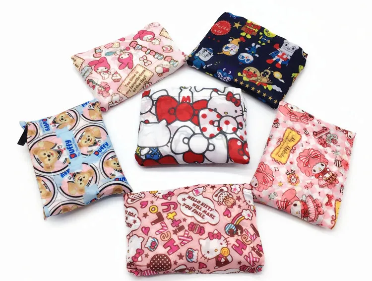 Damska torba na zakupy Kawaii Cartoon HelloKittys melodia Cinnamoroll puryn mała poliestrowa, ekologiczna torba na składane miejsce do przechowywania