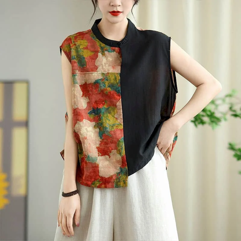 O-neck Vests Vintage Casual Korean Style Sleeveless Floral Linen Spliced Tops Cropped Shirts 2026 Summer Sale Women Clothing