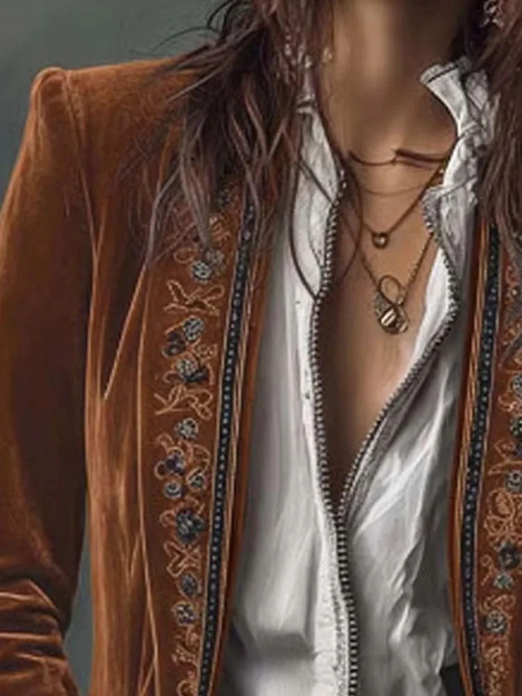 الخريف السببية طويلة الأكمام المرأة معطف الشتاء أنيقة المرقعة الدانتيل المخملية معطف نحيف خمر نمط طباعة سترة سترة