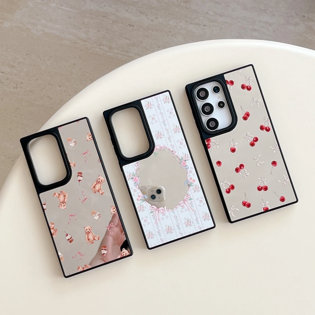 Funda de teléfono a prueba de golpes con película de espejo de flor rosa de osito cereza bonita de dibujos animados para Samsung Galaxy S23 S24 S25 Plus Ultra