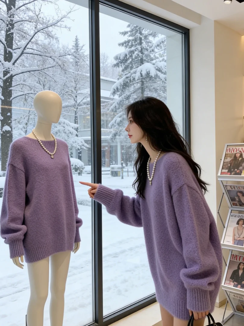 

Уникальный красивый корейский фиолетовый вязаный свитер ort Inner Wear Top Luxury Feel Loose Fit Long Sve для девочек