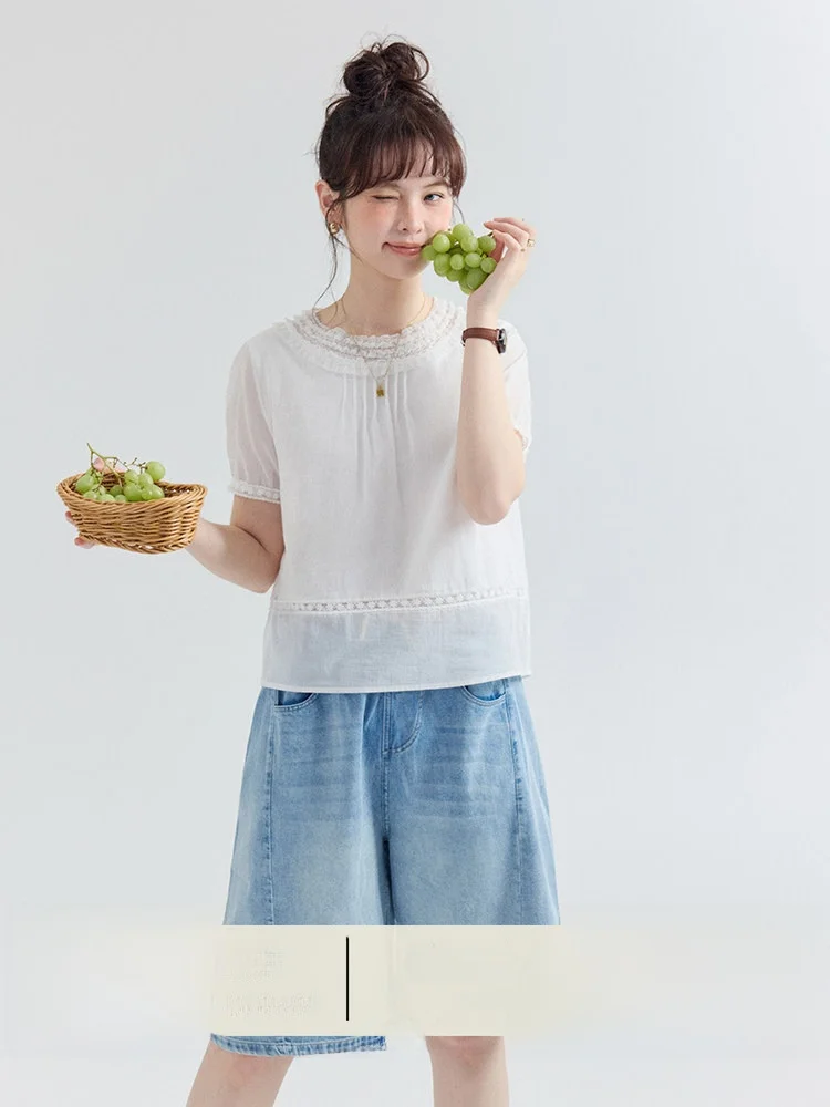 

North Island AMUU Original Lace Collar Pleated Pure Cotton Thin Shirt Women Summer New Style Age Reduction Color Short ...