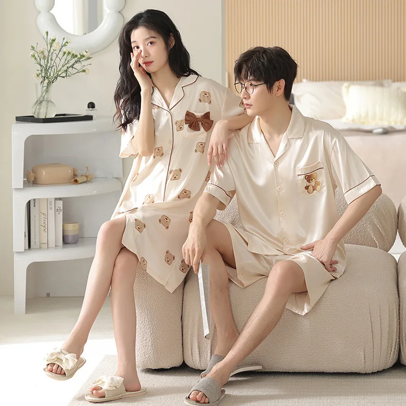 Couple Ice Silk Pajamas Women's Summer  Nightgowns Men's Cardigan Short Sleeve Shorts Loungewear Sleepwear bedding set pijama