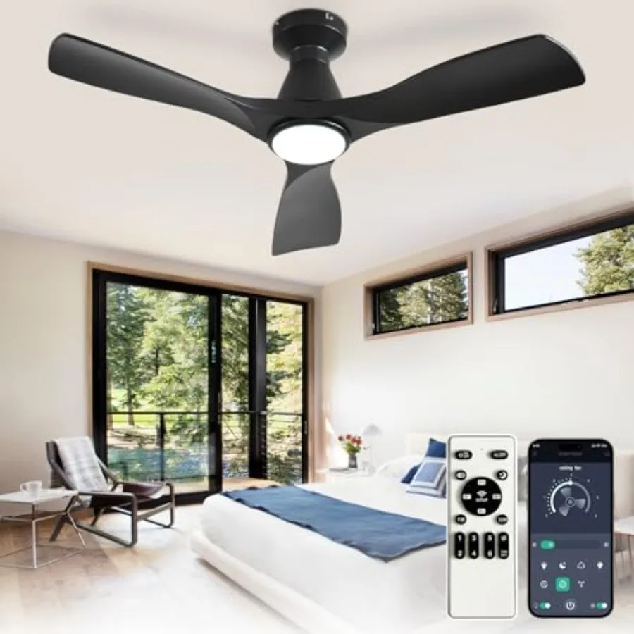 

42-Inch Ceiling Fans with Lights: Black 3 Blade Flush Mount Low Profile Ceiling Fan for Bedroom Dimmable Indoor Outdoor Fan wit