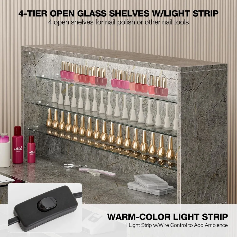 Manicure Table with LED Light, L-Shaped Glass Top Nail Tech Table w/2 Storage Shelves, Upwards Cabinet Door,Corner Nail Station