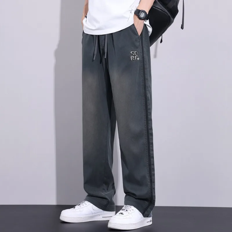 Men Black Casual Pants Sports Wide-legged Trouser Man Clothing Sweatpants Straight Baggy Breathable Loose Thin Solid New