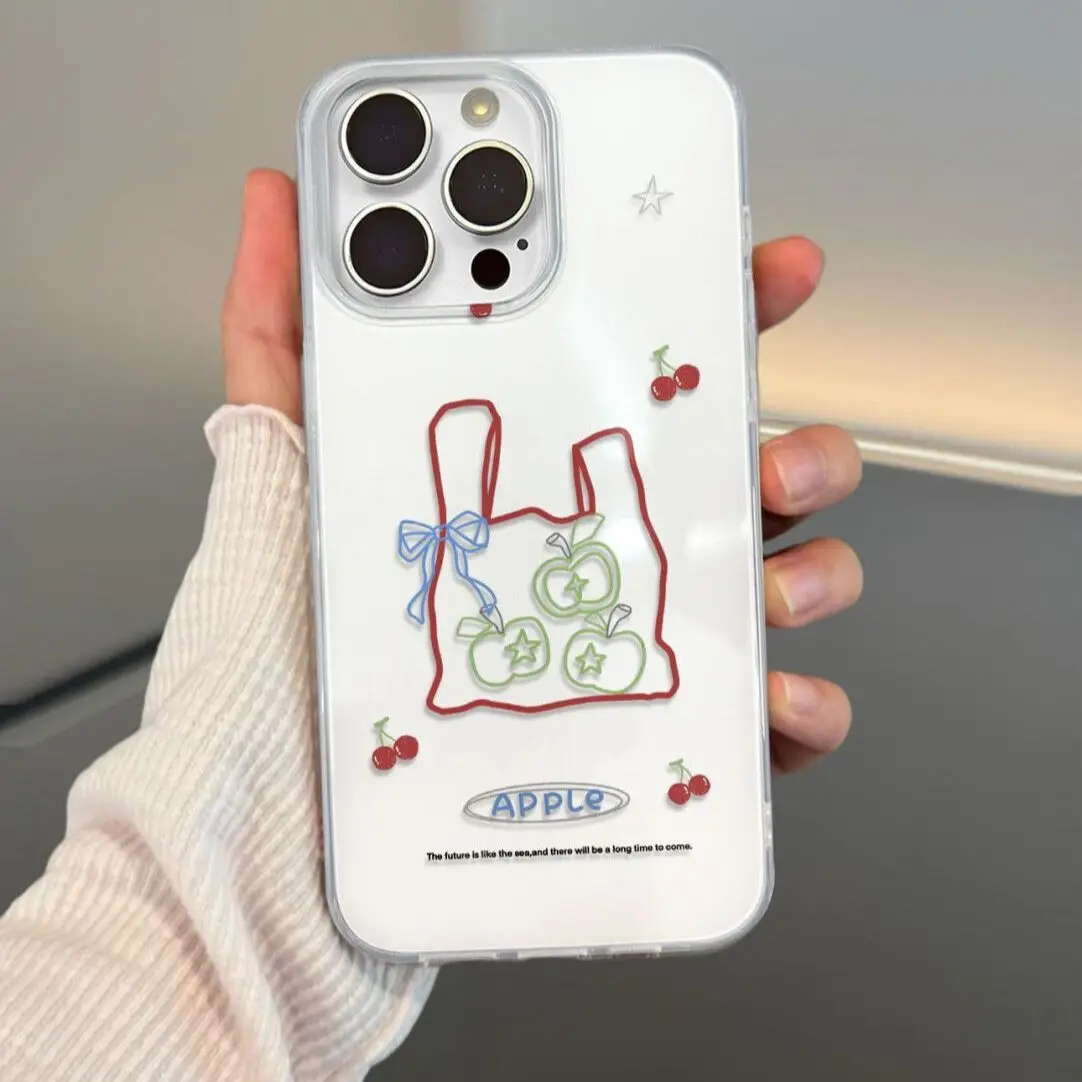 Line Illustration Pocket Apple Red Cherry Phone Case For iPhone 17 AIR 16 15 14 13 12 11 PRO PLUS Anti Drop Simple Cover
