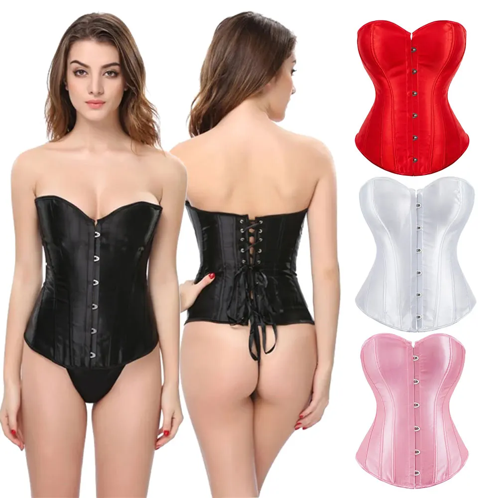 

Satin Overbust Corset Bustier Plastic Boned Gothic Gorset Sexy Plus Size Korset Sexy Shapers bustiers Slimming