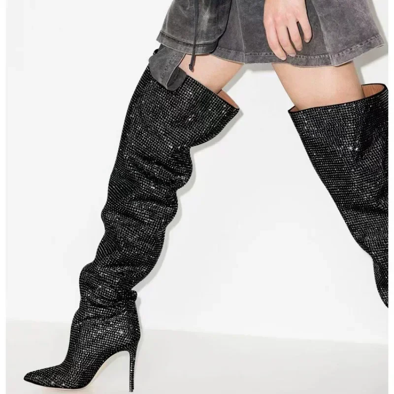 

2024 Women's Autumn/Winter Slender High Heels Over Knee Rhinestone Long Boots Pointed Sexy Back Zipper Banquet Party Thigh Boots