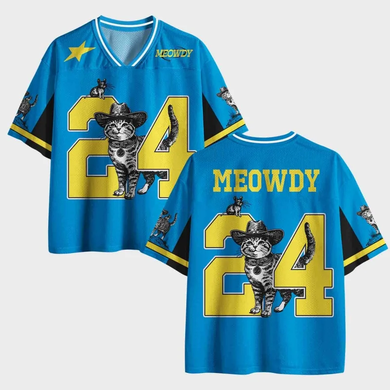 Unisex Meowdy Cowboy Cat Football Jersey Western Kitten Mouse Print Number 24 V-Neck Short Sleeve Street Sports Tee