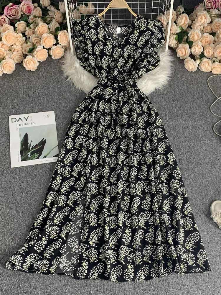 Women Elegant Vintage French V-neck Dress New Summer Pleat High Waist Slim Party Vacation Strap Dresses Vestidos