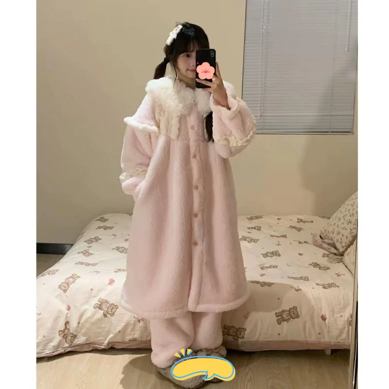 

Women's pajamas sweet Comfortable Sleepwear Cotton Pajama Set winter thicken fleece-lined keep warm homewear robe suit Cotton