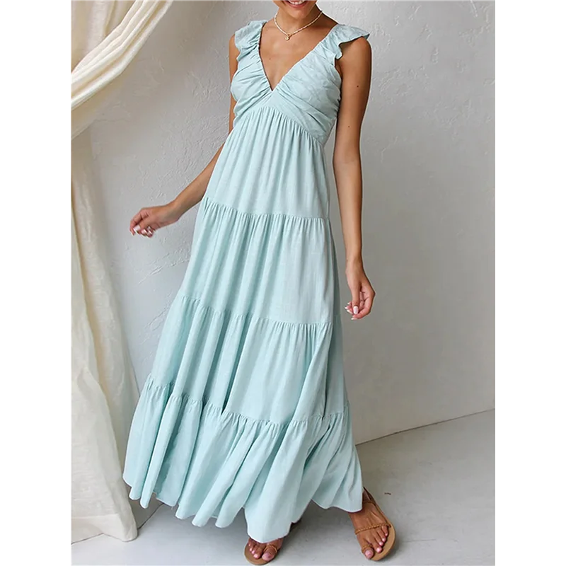 ABP-ชุดเดรสแม็กซี่เดรสฤดูร้อนของผู้หญิงลําลองแขนกุดคอวี Smocked Beach Sundress