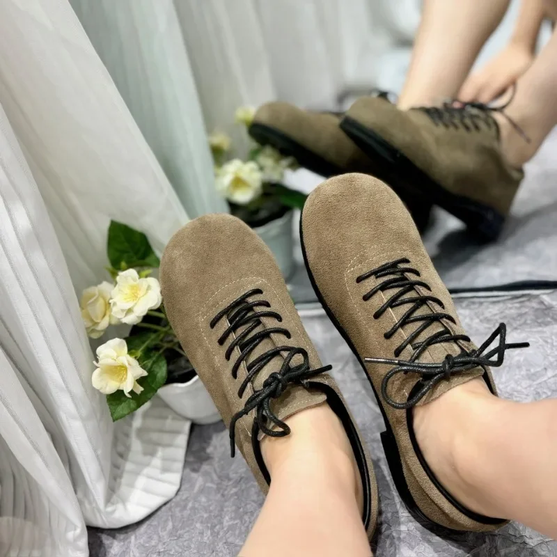 

Korean Loafers Foreign-style High-end European Leather Lace-up Fashion Versatile Women's Shoe Autumn New Single Flats Ins Luxury