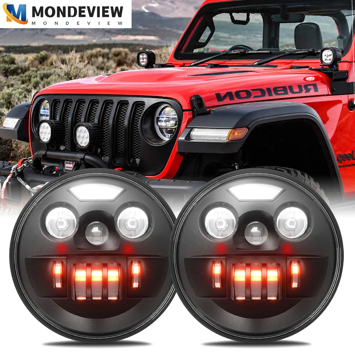 MONDEVIEW R2 7-inch Round Light H4 Car LED Headlight 6000K White 200W High-power 30000LM Harley Jeep Wrangler Driving Light