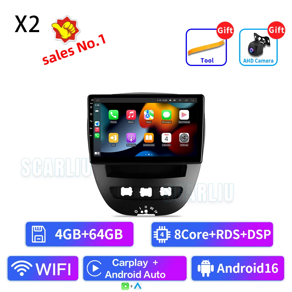 SCARLIU For Peugeot 107 Toyota Aygo Citroen C1 2005-2014 Multimedia autoradio WIFI Wireless Carplay Android Auto Car Radio