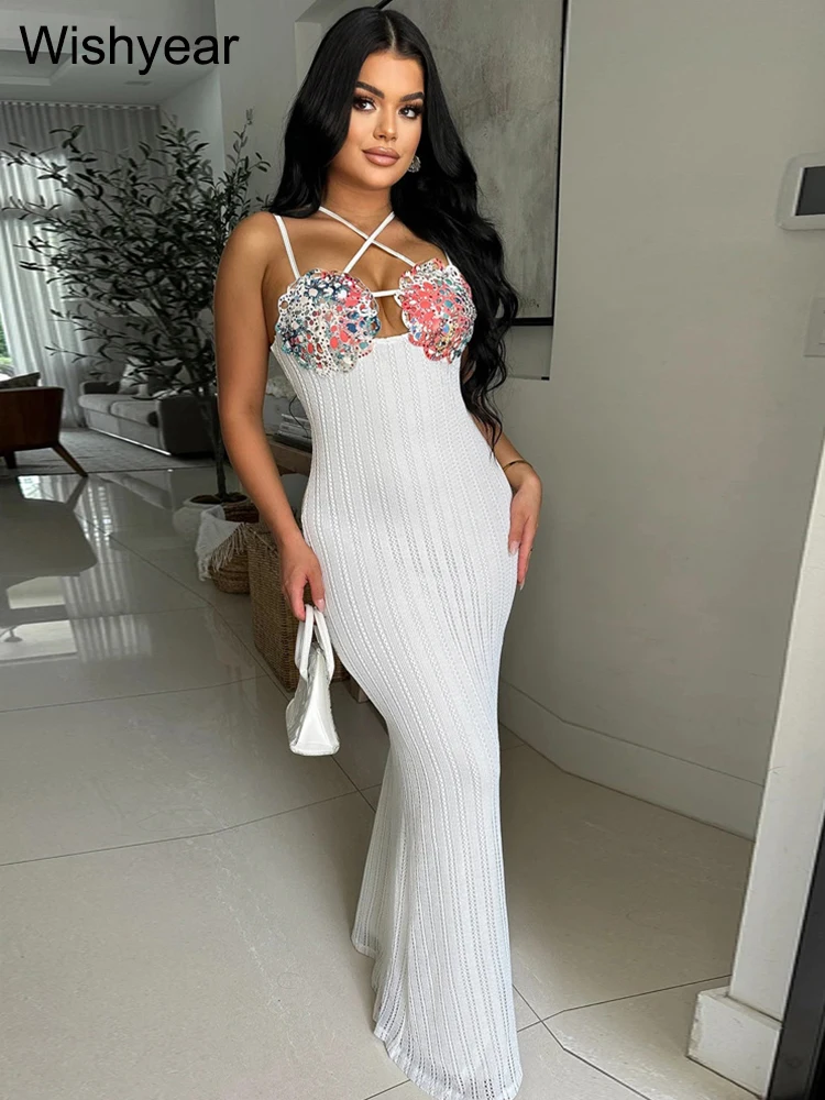 

New Sexy Spaghetti Strap White Maxi Long Mermaid Dress Women Fashion Print Wrap Chest Sleeveless Wedding Party Evening Birthday