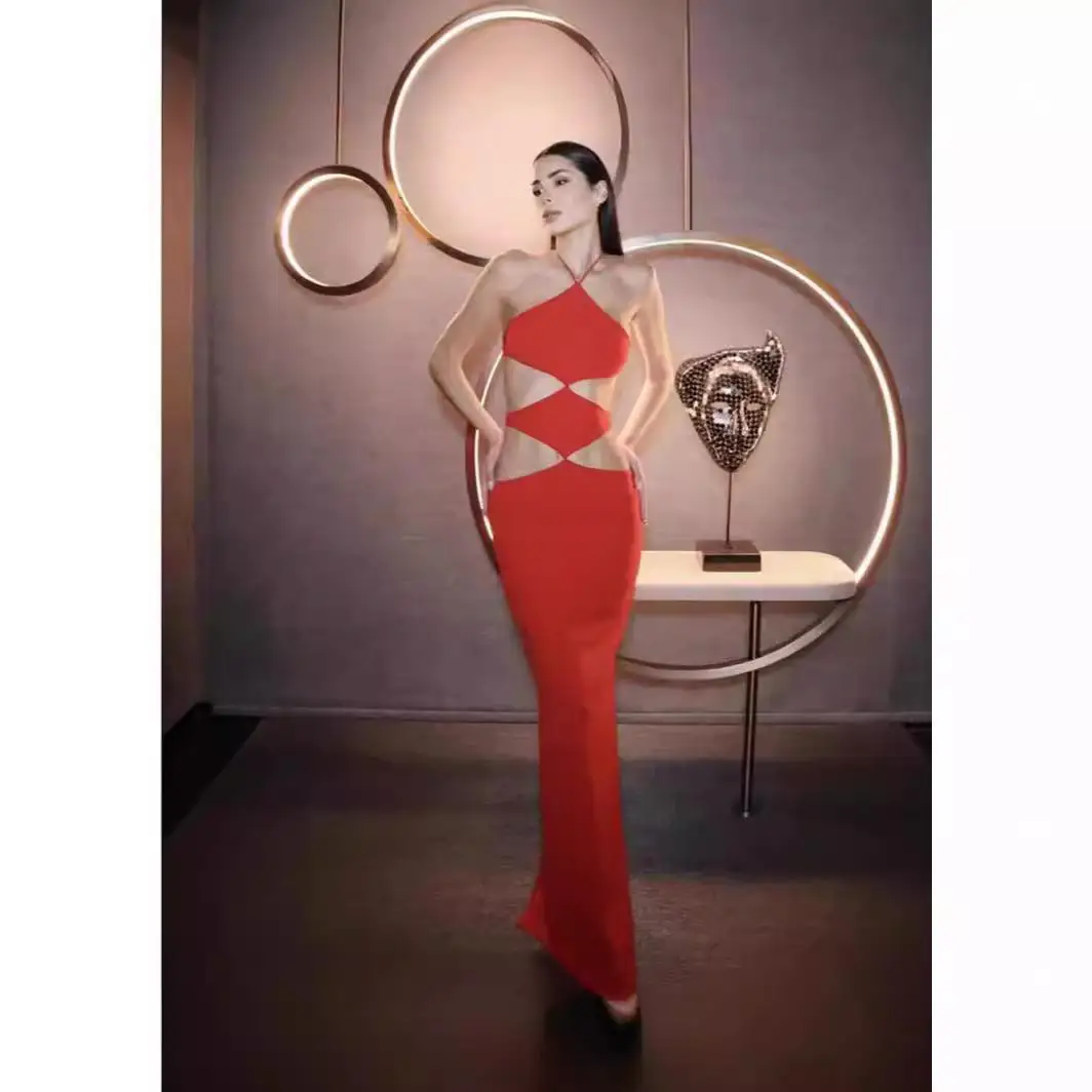 فستان طويل بحزام عصري لعام 2024 من Dr Cut out Par Banquet بخصر مطاطي من الألياف بدون Sve Bodycon Dr لمنتصف العمر...