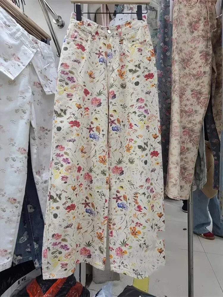 

Colorful flower print denim jeans women's summer new stylish high waisted loose fit slimming straight leg wide leg pants