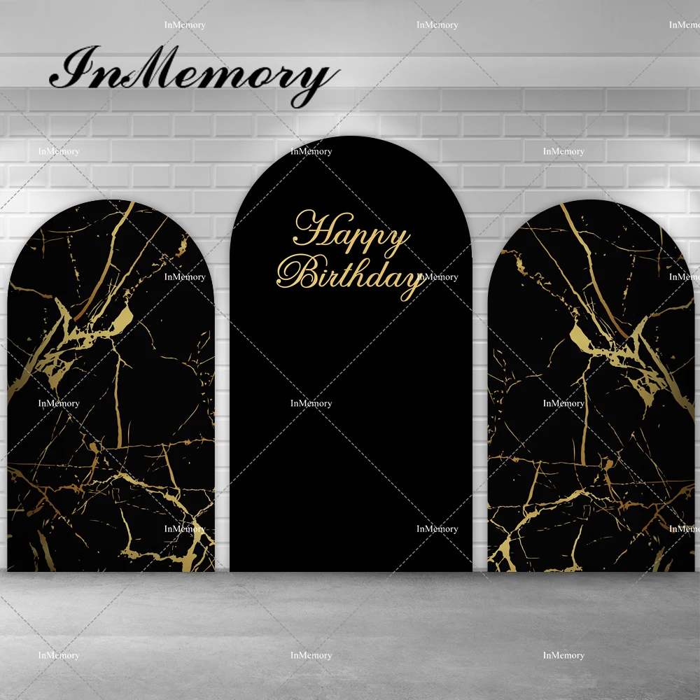 Black and Gold Man Woman Birthday Party Arch Backdrop Cover Marble Style Adult Chiara Wall Background For Photography DoubleSide