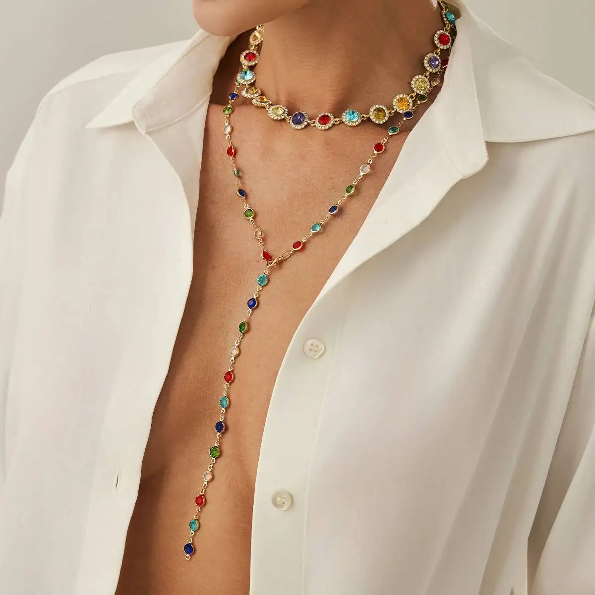 

2Pcs/set Bohemian Colourful Crystal Chain Necklace for Women Trendy Shiny Rhinestone Clavicle Chain Halloween Jewelry Gifts