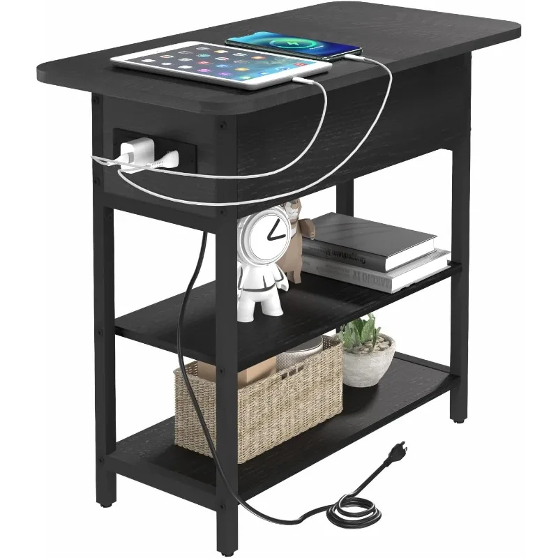 End Table with Charging Station   Table for Living Room Bedroom, Narrow Nightstand with Storage Shelves for Small Space