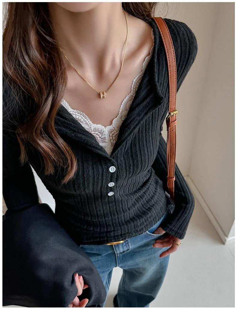 

Women’s Lace-Panel Striped Openwork Breathable Straight-Shoulder Long-Sleeve T-Shirt: Autumn/Winter Fitted Base Layer Top Lace