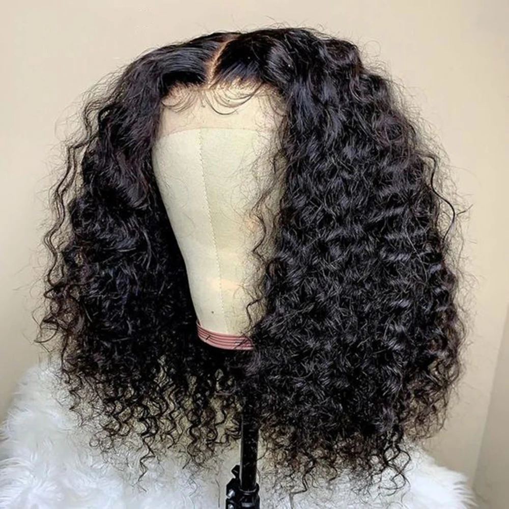 Onda Profunda Brasileira Bob Peruca, Lace Frontal Peruca, Cabelo Humano, Linha Fina Natural, Encerramento Curto Encaracolado, Cabelo do Bebê Pré-arrancado, 13x4