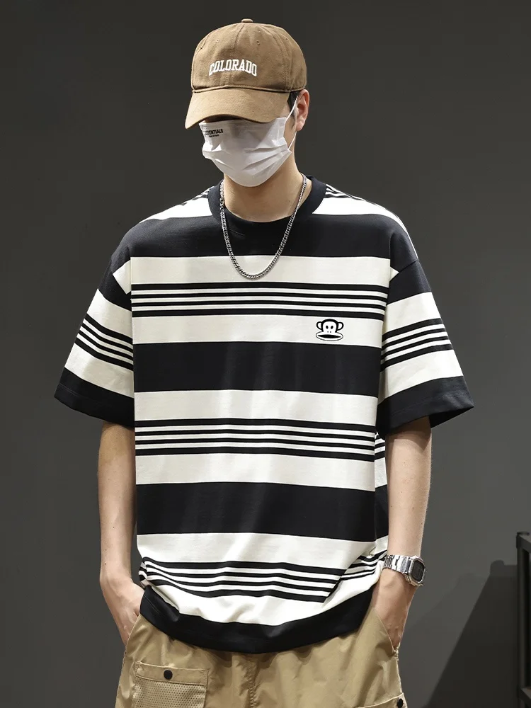 

Мужская летняя футболка Paul Frank Heavyweight с коротким рукавом, в полоску, с цветными блоками, свободного кроя, в американском повседневном стиле, дышащая, из хлопка.