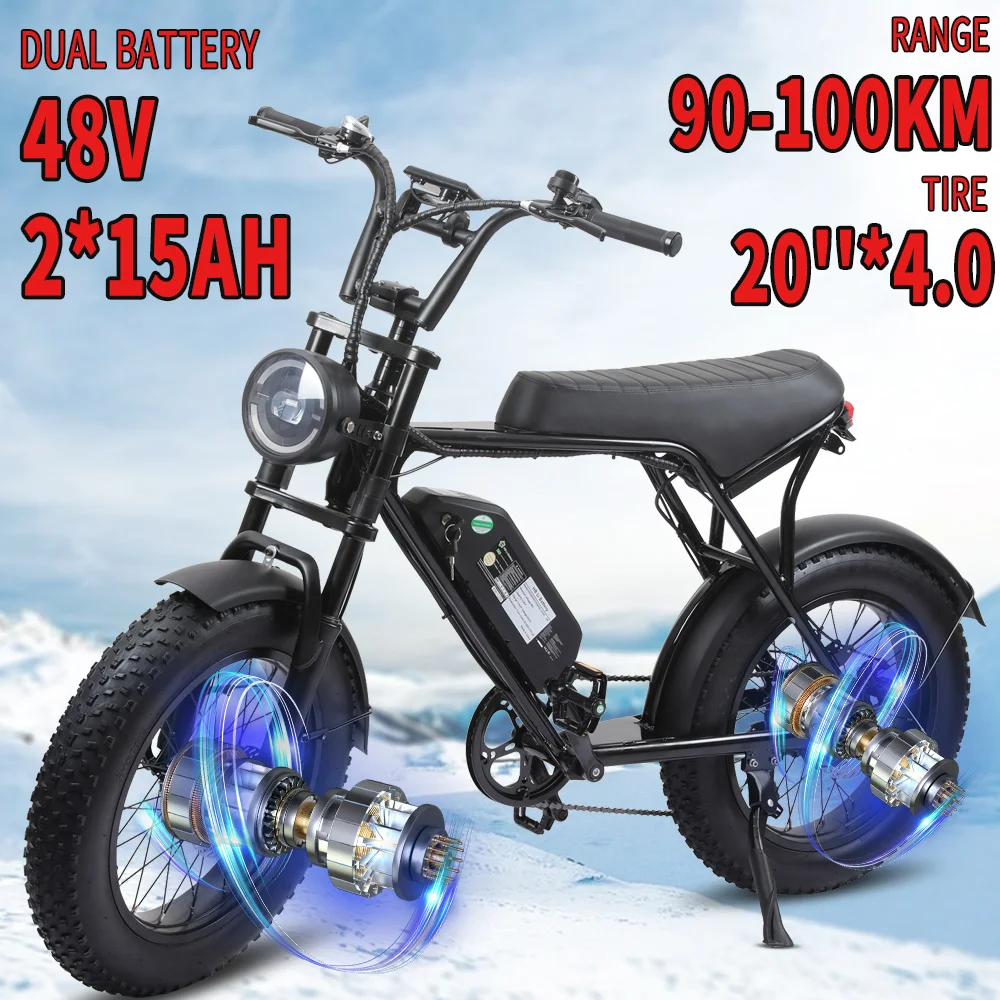 

Electric Bikes For Adults 20''*4.0 Snow Fat Tires Ebike Bicycle Motor 500W Mountain Electric Bicycles 48V30AH Dual Battery Ebike