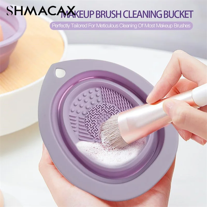 Pembersih sikat Makeup silikon dapat dilipat, mangkuk sikat Scrubber, alat cuci portabel pembersih sikat kosmetik