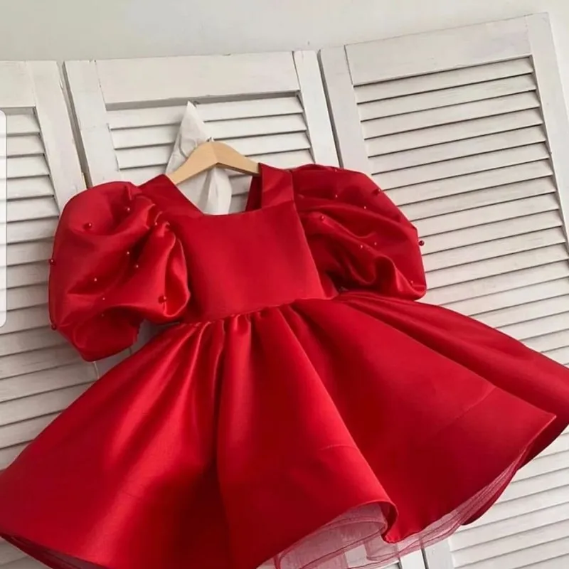 Baby Girl Princess Silk Dress Pearl Beading Puff Sleeve Infant Toddler Child Vestido Wedding Party Birthday Baby Clothes 1-10Y