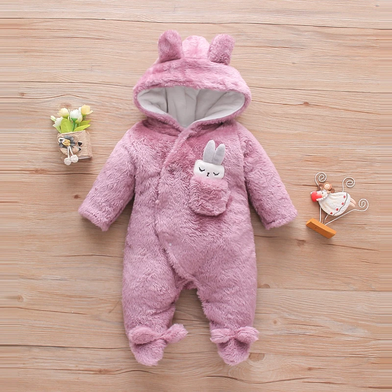 PatPat Winter Baby Clothes Baby Girls Baby Boys Unisex Solid Fleece Rabbit Hooded Footed / Footie Long-sleeve Baby Jumpsuit