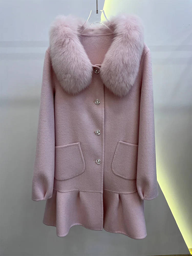 2025年ファッション レディース カシミヤ ウール ウールコート 冬用ジャケット 天然リアルフォックスファー襟 レディース アウター ストリートウェア