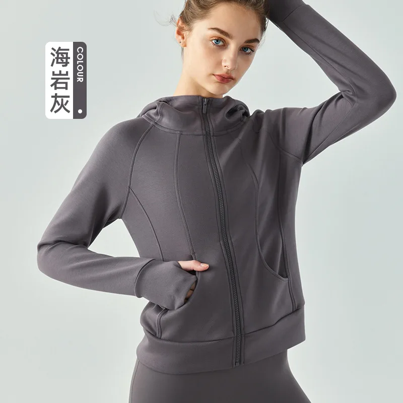 Long Sleeve Zipper Hooded Yoga Jacket Gym Women Yoga Fitness Loose Sports Shirts Outdoor Running Keep Warm Comfortable Tops