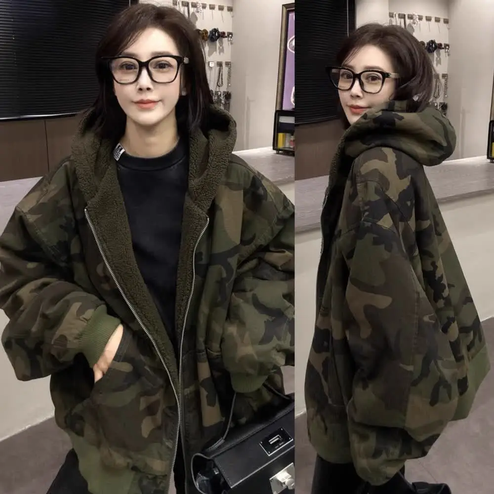 

Faionable Oversized Hooded Camouflage Fce Jaet Trendy plus Size 300 Pou Warm Casual Zipper Top for Men And Women