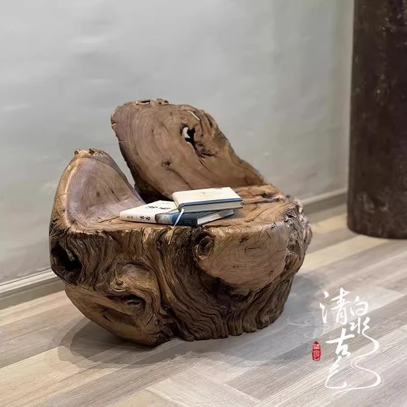 

Quiet wind log low stool outdoor solid wood root carving stool tea room owner backrest chair seat