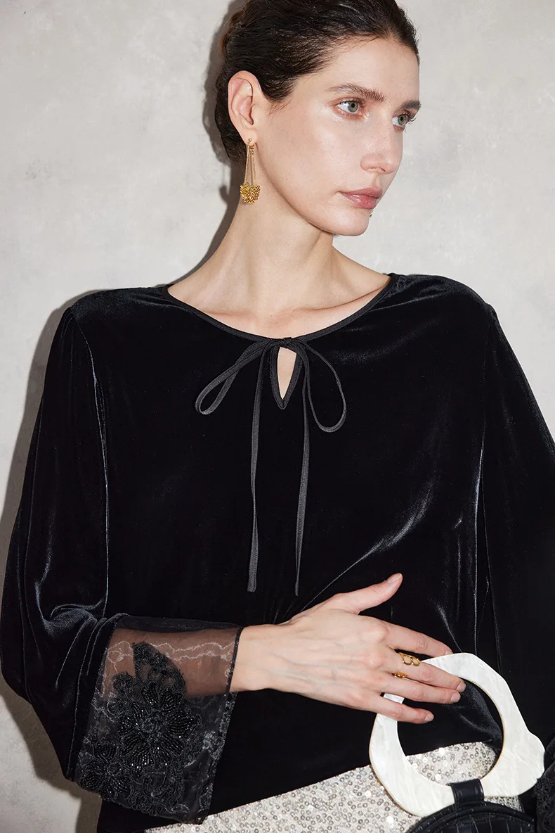 Winsleter-Bottom 100%Real Silk Elegant Velvet T-shirt, Long Sleeve Embroidery, Woman Retro Loose Top, 2026 Spring New T61534CC