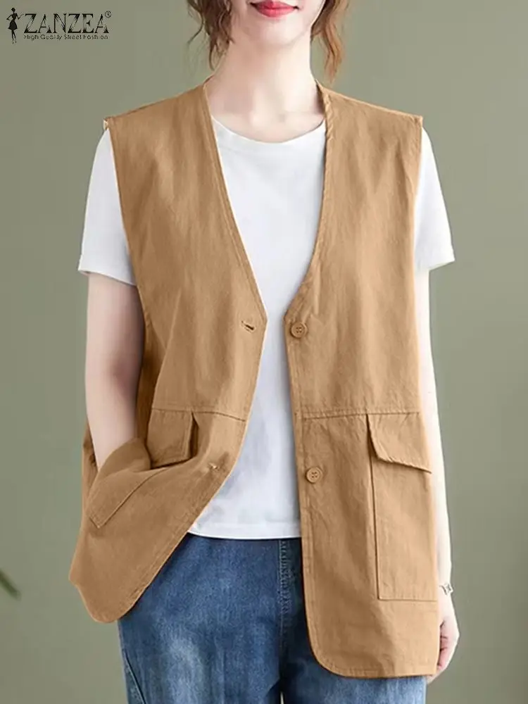 

ZANZEA Women Solid V Neck Jacket Sleeveless Waistcoat Fashion Casual Loose Vest Outwear 2024 Simple Pocket Oversized Tank Tops