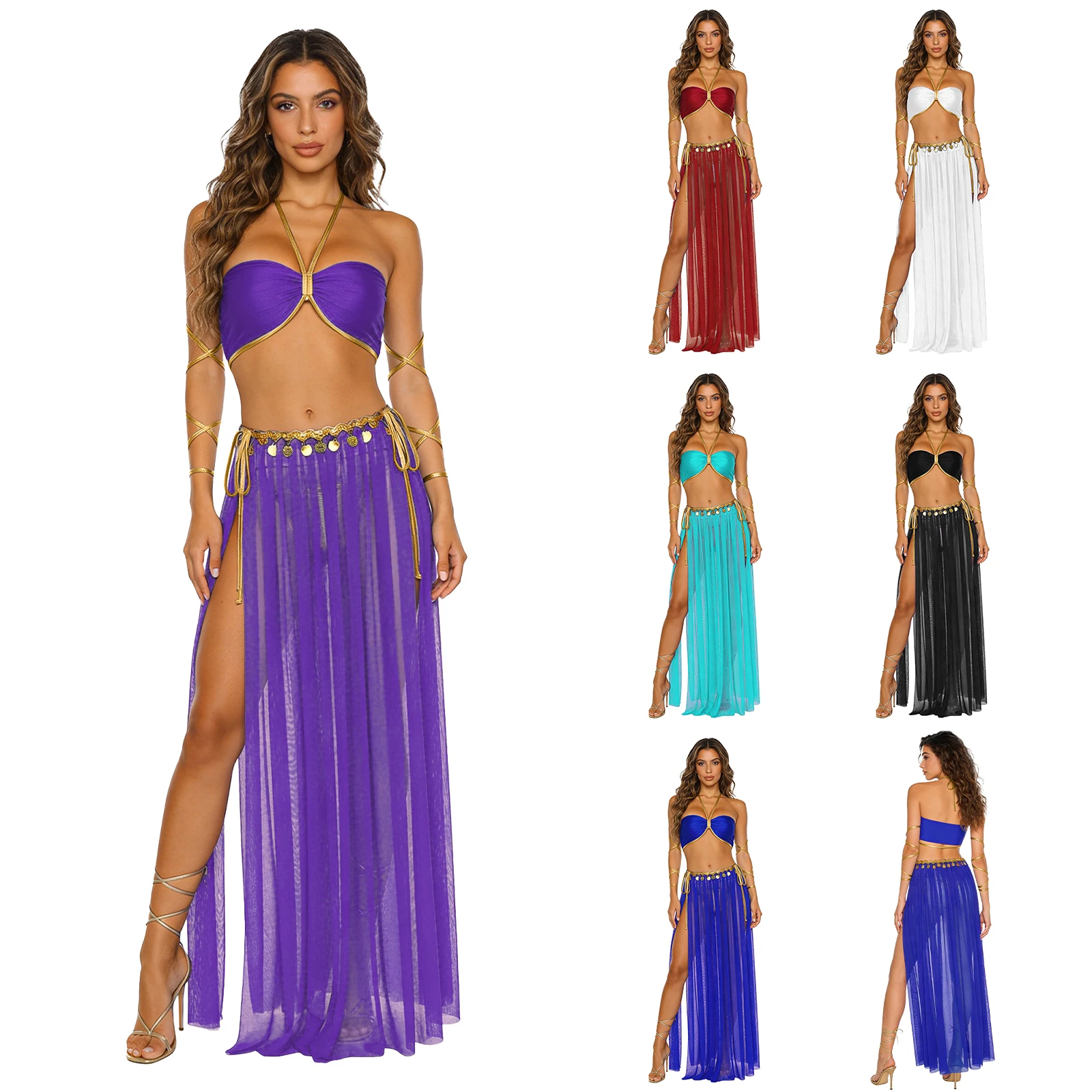 Women Ethnic Belly Dance Performance Costume Halter Crop Top with Side Slit Chiffon Skirt Oriental Indian Arabian Prince Outfits