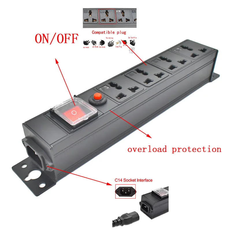 Gniazdo ścienne C14 port PDU power strip 1-10 jednostka uniwersalne gniazdo wyjściowe szafka sieciowa Rack gniazdo przełącznika 16A 4000W