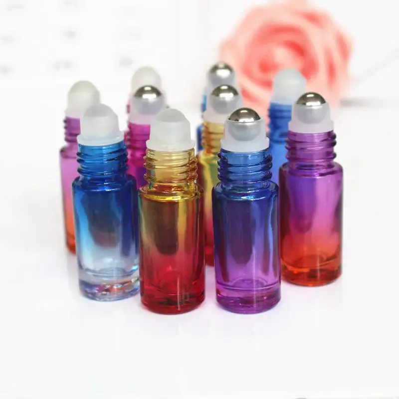 1PC Thick 5ml Colorful Thick Glass Perfume Roll on Bottle with Stainless Steel/Glass Ball Roller Essential Oil Bottles