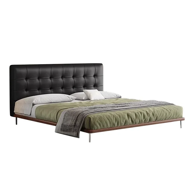 

Italian minimalist cloud Yoyo leather bed, master bedroom light luxury and high-end sense, black waffle, retro double leath