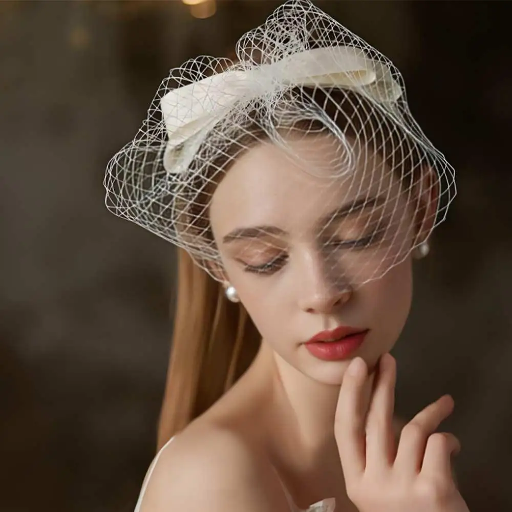 

New French Style Bride Veils Elegant Satin Bow Bridal Headwear White Fairy Wedding Headband Face Cover