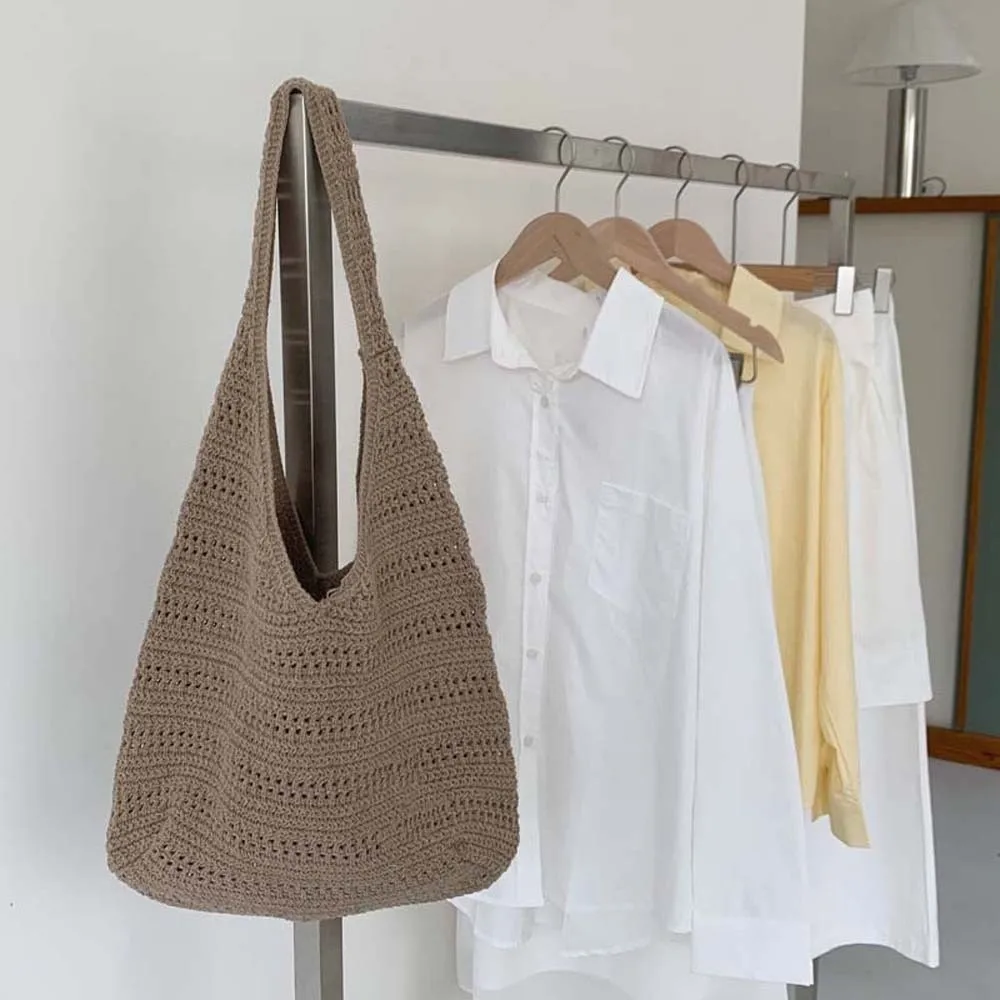 Large Capacity Crochet Tote Breathable Texture Lightweight Hollow Out Shoulder Bag Slouchy Silhouette Aesthetic Openwork