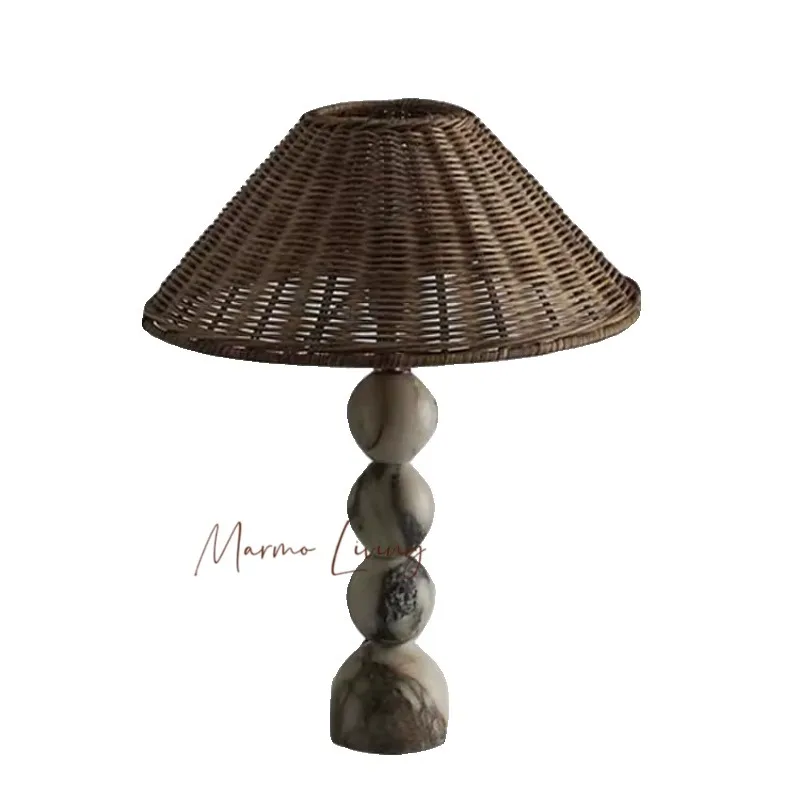 Medieval Awest Wind Natural Marble Table Lamp Designer Model Room Study Bedroom Bedside Woven Grass Rattan Table Lamp
