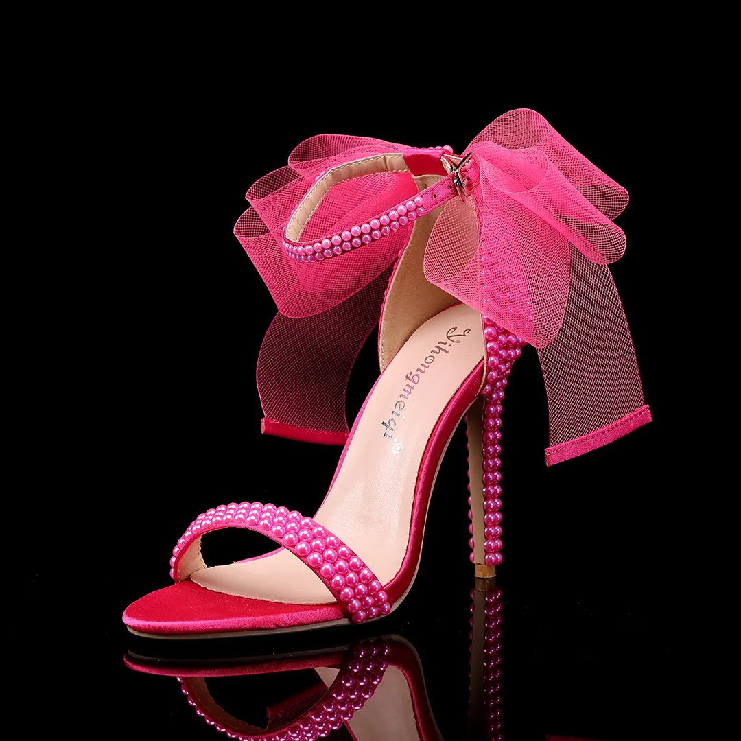 Nouvelles chaussures à talons hauts à bout ouvert, talon épais, bouche peu profonde, strass, perles, chaussures simples pour femmes, robe de mariée